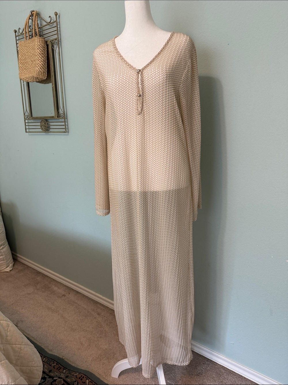 Dotti Sheer Knit Maxi Cover-Up in Tan and White Mesh Fabric Neutral